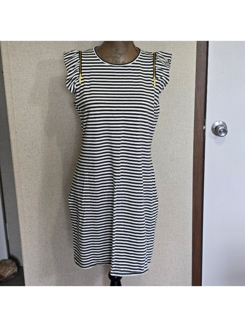 Michael Kors Medium Striped Olive Green Cream Dress Cap Sleeves Gold Zippers